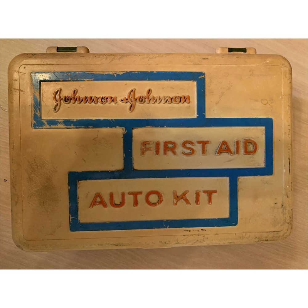 Vintage 1960's Johnson & Johnson First Aid Auto Kit w/ Manual & Supplies